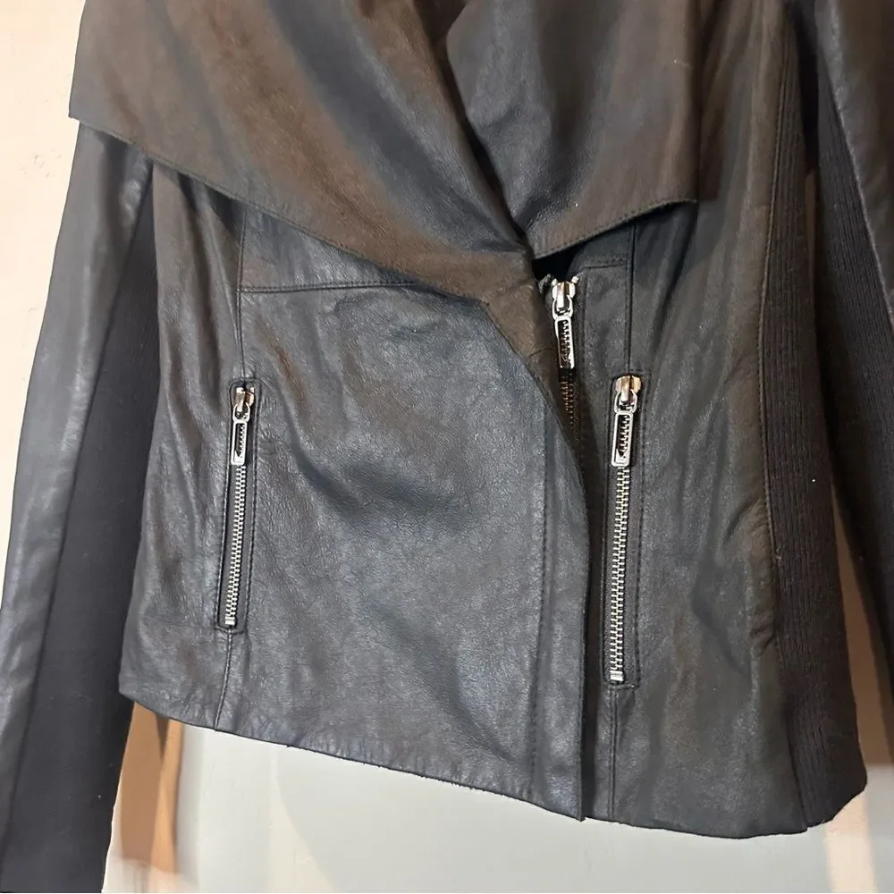 Vince | black leather moto asymmetrical zip paper leather knit moto style jacket - Picture 3 of 5